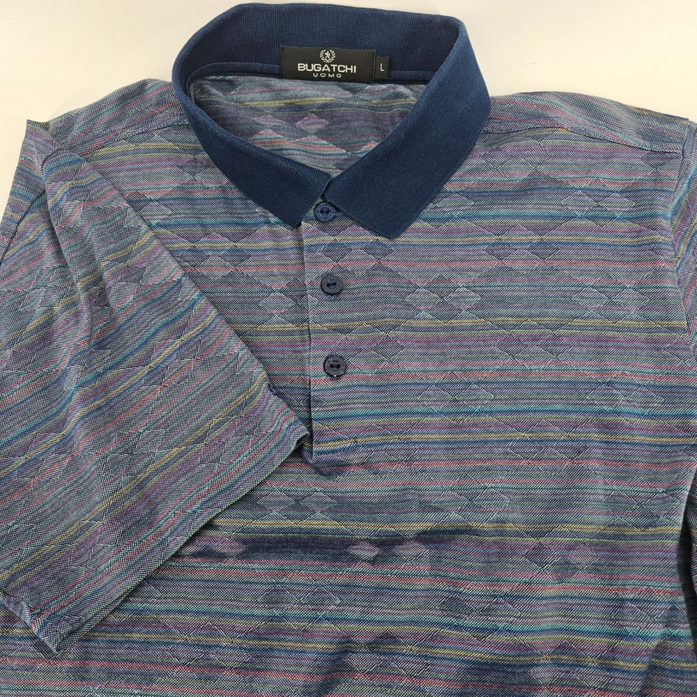 Bugatchi Uomo Mens Large Polo Shirt Mercerized Egyptian Cotton Striped Blue L